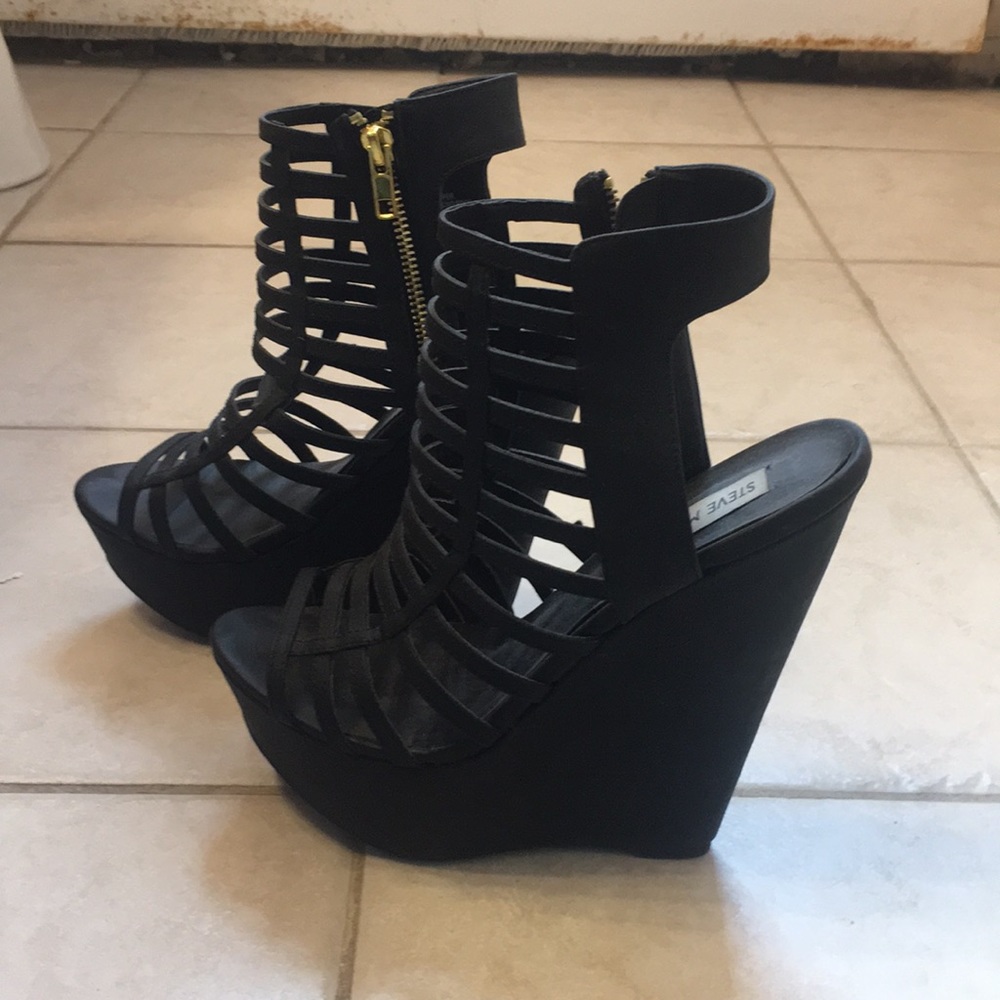 8.5 Steve Madden strappy black wedges